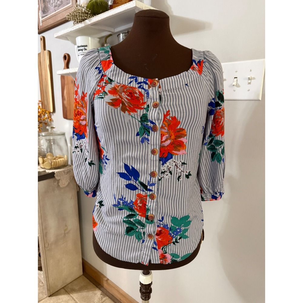 Maeve Anthropologie Blouse 0 Blue White Stripe Floral Button Tie Back cottagecor